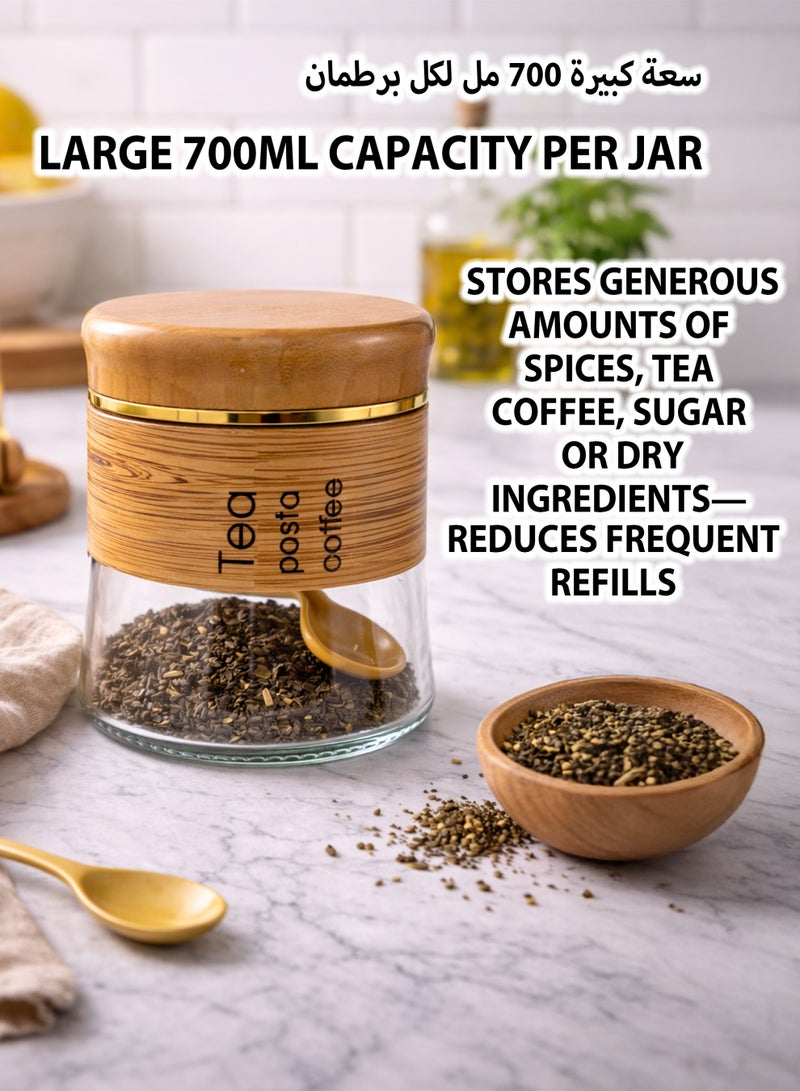 توشيونيكس رف توابل من الخيزران مع 6 برطمانات زجاجية للتوابل - منظم مطبخ من طبقتين مع ملاعق، برطمانات مُصنفة، أغطية بنمط الخيزران - طقم تخزين توابل عصري لسطح المطبخ - Image 3